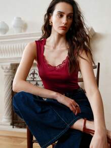 SHEIN LUNE Women Casual Elegant Floral Lace Patchwork Stretchy Sleeveless Camisole - Burgundy - View 5