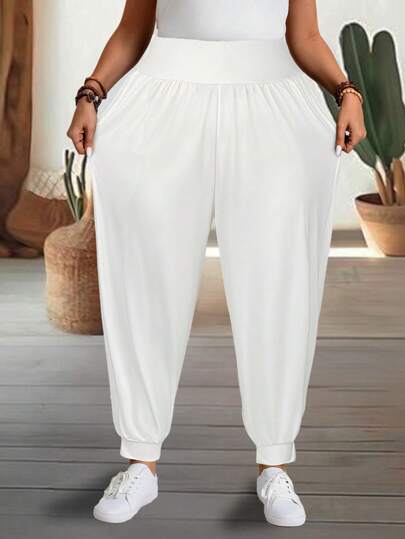 EMERY ROSE Plus Size Women's Solid Color Elastic Waist Pleated Harem Pants