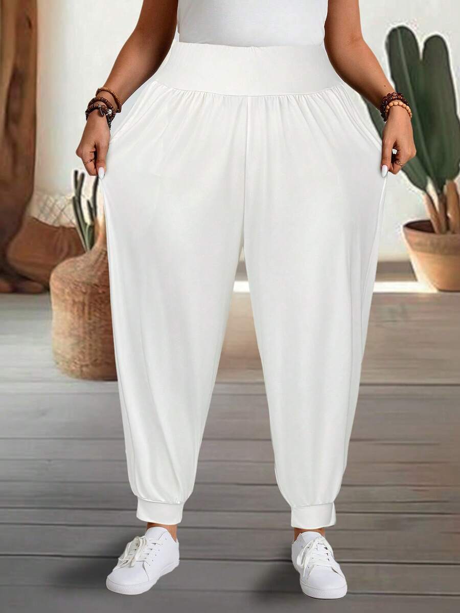 EMERY ROSE Plus Size Women's Solid Color Elastic Waist Pleated Harem Pants Fall