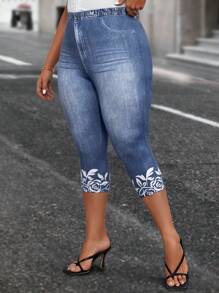 EMERY ROSE 牛仔效果和花卉印花夏季紧身裤