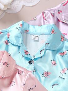 3件套：少女夏季可愛卡通西瓜、草莓、蛋糕、兔子印花緞面短袖鈕扣襯衫+短褲套裝 夏季短褲套裝 - 彩色 - 查看 8