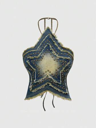 Hippie Blusa de denim con parches de estrella de metal desgastado estilo punk