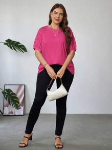 SHEIN Essnce Plus Size Women Top, Mixed Fabric Design - Hot Pink - View 5