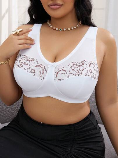 1pc Women Plus Size Comfort Wireless Lace Trim Bra