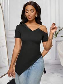 SHEIN Clasi Elegantes Damen T-Shirt mit offener Schulter, Perlenkette und asymmetrischem Saum