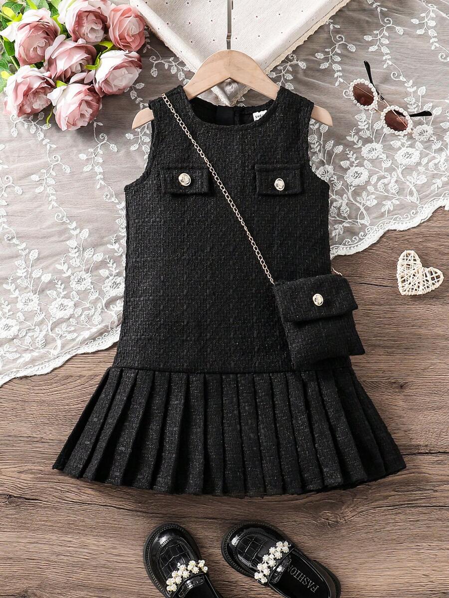 Elladie kids 女童休闲褶边无袖连衣裙，夏季 - 黑色 - 查看 1