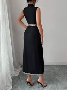 Rafferiza Elegant Fashion Daily Versatile Stand Collar Sleeveless Gold Embroidered Lace Patchwork Waist Dress For Women - Black - View 2