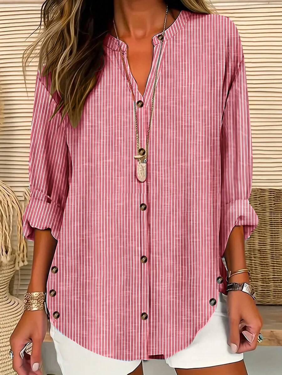 INAWLY 女士条纹 V 领单排扣休闲宽松衬衫 - 紅色 - 查看 1