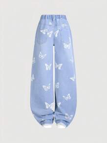 Tween Girl'' Casual Fashion Butterfly Print Ripped Washed Denim Straight Jeans,Holiday,Summer,Travel - Medium Wash - View 2