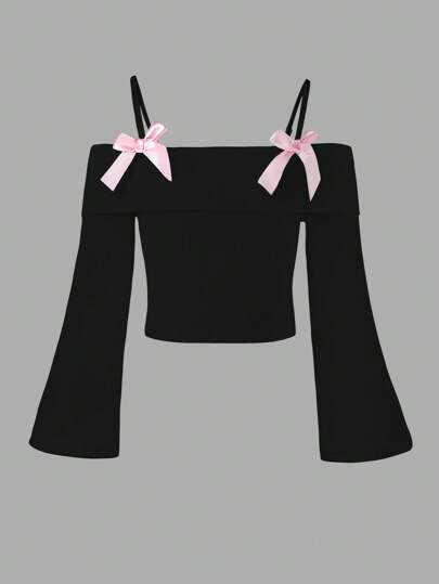 Elladie kids The New Long-Sleeved Top With Suspenders, Off-The-Shoulder Design And Bowknot For Tween Girls Is On The Market. It's Comfortable, Fashionable, Elegant, Sweet, Cute, Lively, Unique And A Must-Have For And Dressing Up.