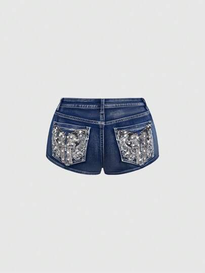 ROMWE Avant Vintage Y2K Punk Stil Tief Taillierte Super Kurze Damen Denim-Shorts mit Stickerei Waffen