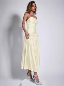 COSMINA 优雅褶饰蓝色中长无袖连衣裙，春夏款 - 杏色 - 查看 5