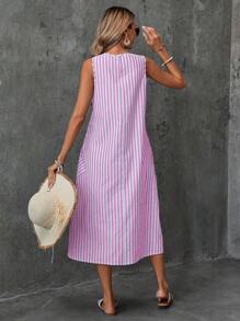 SHEIN LUNE 夏季女式 V 领棉质编织条纹 A 字形连衣裙，带口袋