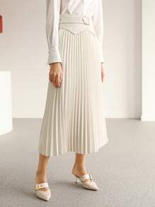 MOTF PREMIUM 褶皺束腰腰帶半身裙 - 米色 - 查看 7