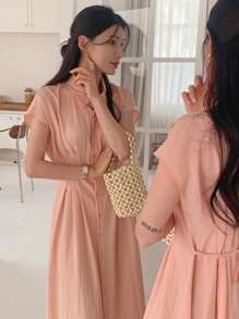 DAZY فستان قميص طويل ذو خصر مشدود وياقة للنساء باللون الأحادي - وردي مغبر - مشاهدة 1