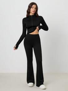 SHEIN Tall 2pcs/Set Women Solid Color Zip Up Long Sleeve Top And Wide Leg Long Pants,Summer Sets - Black - View 5