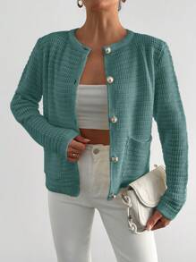 RueChic 女士纯色纽扣式长袖口袋休闲上衣，日常穿着