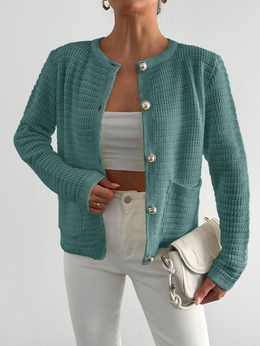 RueChic 女士纯色纽扣式长袖口袋休闲上衣，日常穿着