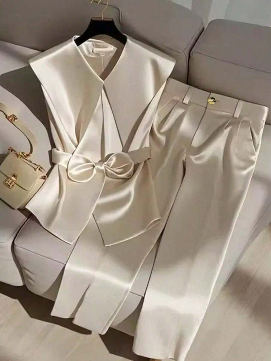 SHEIN PETITE Women's Elegant Minimalist Solid Color Top And Pants 2 Pieces Outfit - Apricot - View 1