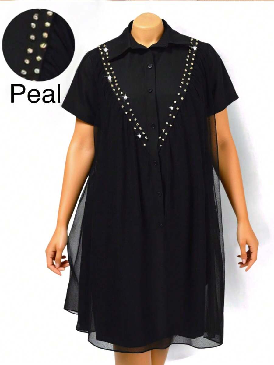 SHEIN Clasi Plus Size Fashionable Summer Dress With Rhinestone Decor And Mesh Splice - Black - View 1