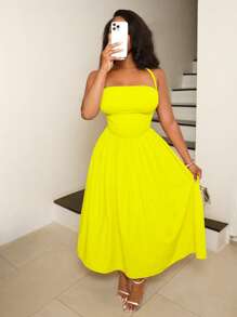 BamGleam 女士时尚纯色褶皱无袖中长连衣裙