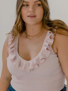 Aralina Curve Ruffle V Neck Knit Ribbed Going Out Summer Top - Pink - View 4