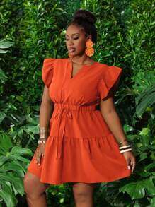 Slaydiva New Spring/Summer Casual Resort V-Neck Ruffle Cap Sleeves Elasticated Waist Bow Accent Tiered Mini A-Line Dress, Green, Plus Size - M - Orange - View 8