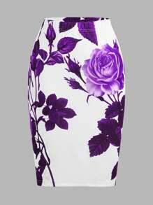 SHEIN Clasi Plus Size Elegant Floral Print Ruched Bodycon Skirt Purple Fall - Purple - View 1