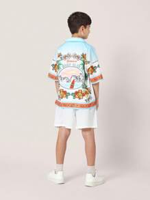 SUMWON Boys Summer Surf Club Hawaiian Shirt Shorts Set Beach Vacation Holiday Tropical Floral Print Short Sleeve Button Down Island Paradise Outfit Set