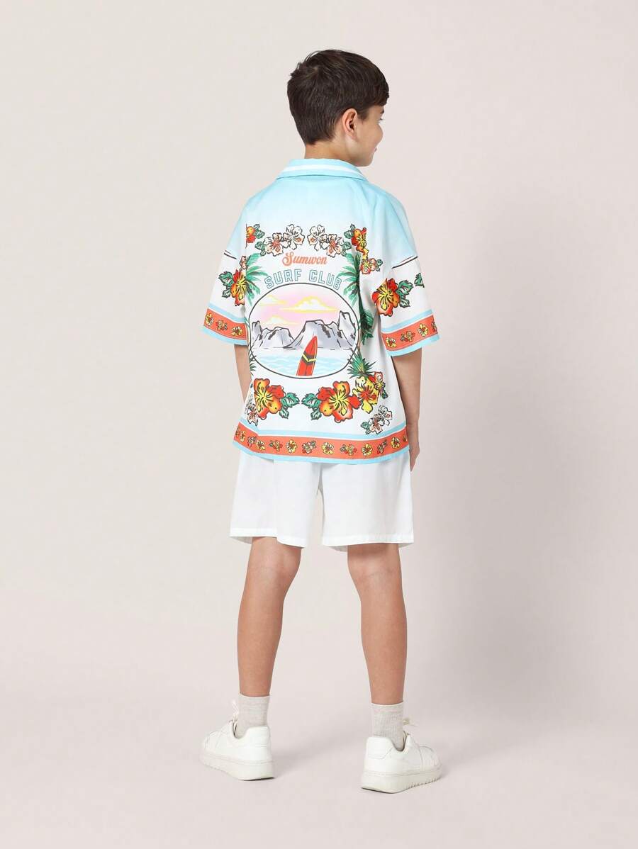 SUMWON Boys Summer Surf Club Hawaiian Shirt Shorts Set Beach Vacation Holiday Tropical Floral Print Short Sleeve Button Down Island Paradise Outfit Set