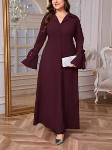 SHEIN Privé 大码女式春秋优雅 V 领荷叶边袖系带腰宽松连衣裙，红色奢华风格，女士正式连衣裙 - 中紫紅色 - 查看 6