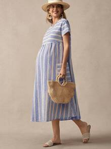 SHEIN Boho Maternity Striped Patch Pocket Dress - Blue - View 3