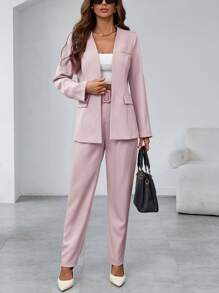SHEIN Unity 女士休闲纯色西装外套和裤子两件套 - 淺粉色 - 查看 4
