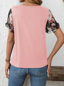 EMERY ROSE Women's Floral Print Ruffle Sleeve Patchwork Black Fabric Casual T-Shirt, Spring/Summer - Pink - View 2