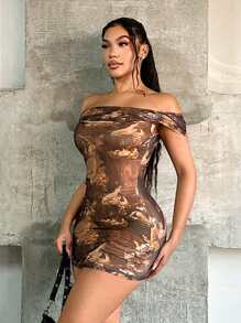 SHEIN SXY 女士露肩修身时尚印花连衣裙 - 彩色 - 查看 3