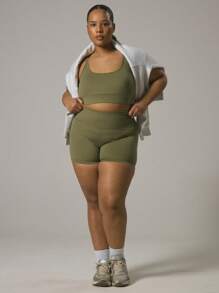 MUSERA Plus Double Strap Branded Logo Patch Padded Slinky Sports Bra Gym Active Workout Sport Casual Gym Fitness - Army Green - View 4