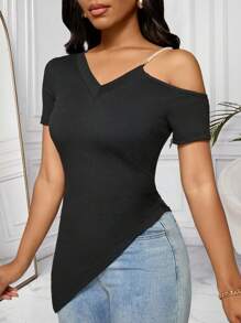 SHEIN Clasi Elegantes Damen T-Shirt mit offener Schulter, Perlenkette und asymmetrischem Saum