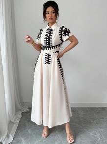 Elenzga Shirt Collar Single Placket Design Waist Twist Tie Dress