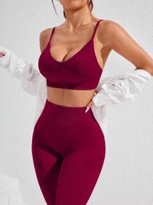 Gameset SHEIN Sport 女士纯色吊带背心和紧身裤无缝瑜伽运动套装健身女士套装 - 酒紅色 - 查看 5