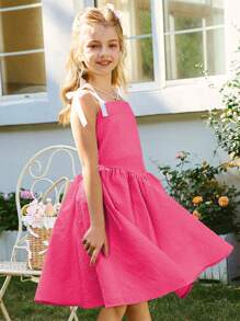 Tween Girl Elegant Minimalist Jacquard Texture Fabric Ribbon Bow A-Line Strap Dress, Suitable For Summer & Spring Wear, Suitable For Outings, Dates, And Vacations - Hot Pink - View 3