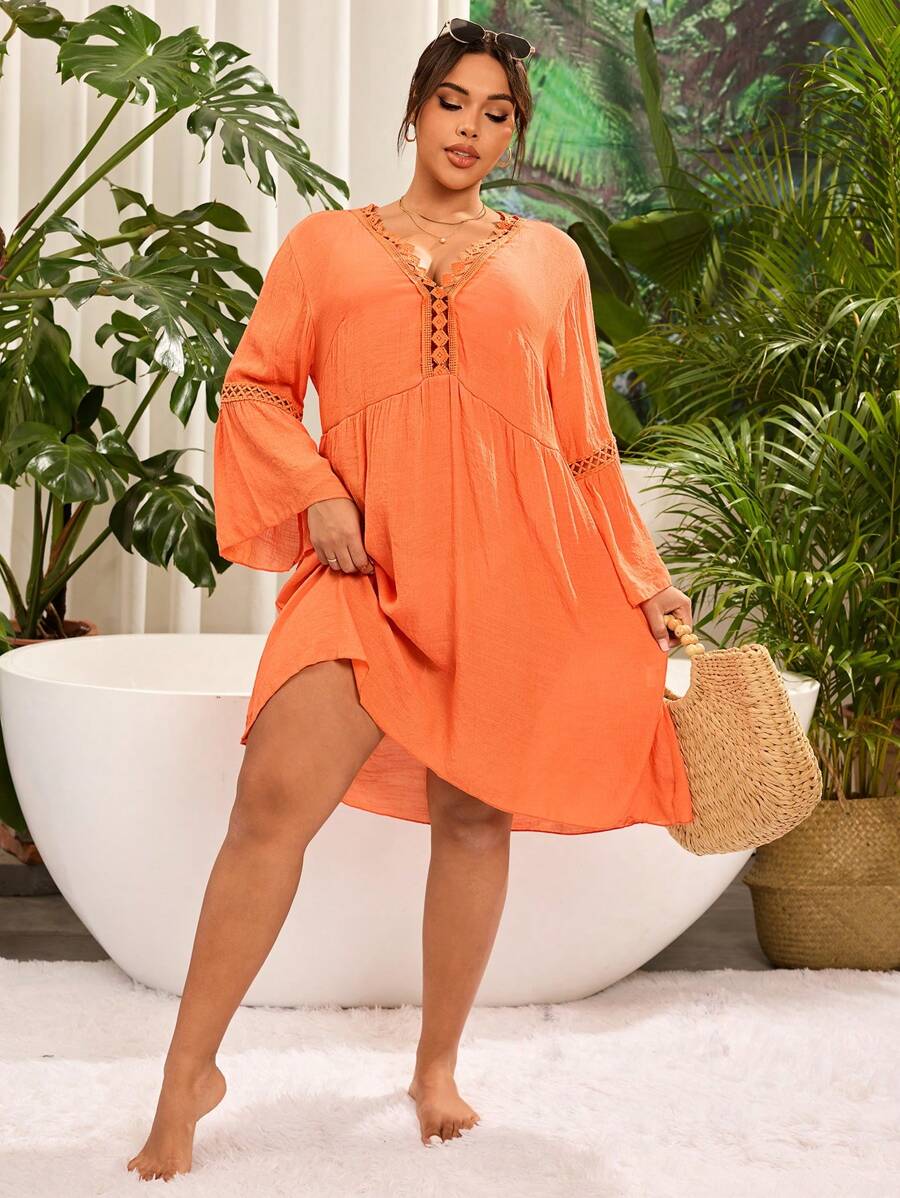SHEIN VCAY Đầm xòe tay loe ren màu tương phản cho kỳ nghỉ cỡ lớn dành cho nữ - trái cam - Xem 1