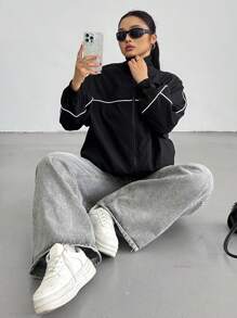 POPSWAY 休闲拼色宽松学院风街头薄款长袖外套 - 黑色 - 查看 4