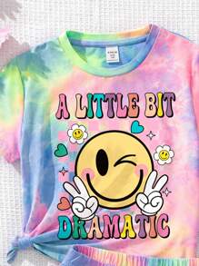 2 件套年轻女孩休闲扎染笑脸和棋盘格印花短袖 T 恤 + 短裤套装，夏季 - 彩色 - 查看 3