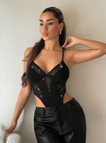 SHEIN ICON Rhinestone Mesh Splice Cup Detail High Waist Hollow Out Bodysuit - Black - View 3