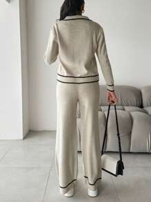 EURMUSE Contrast Trim Cardigan & Knit Pants - Beige - View 2