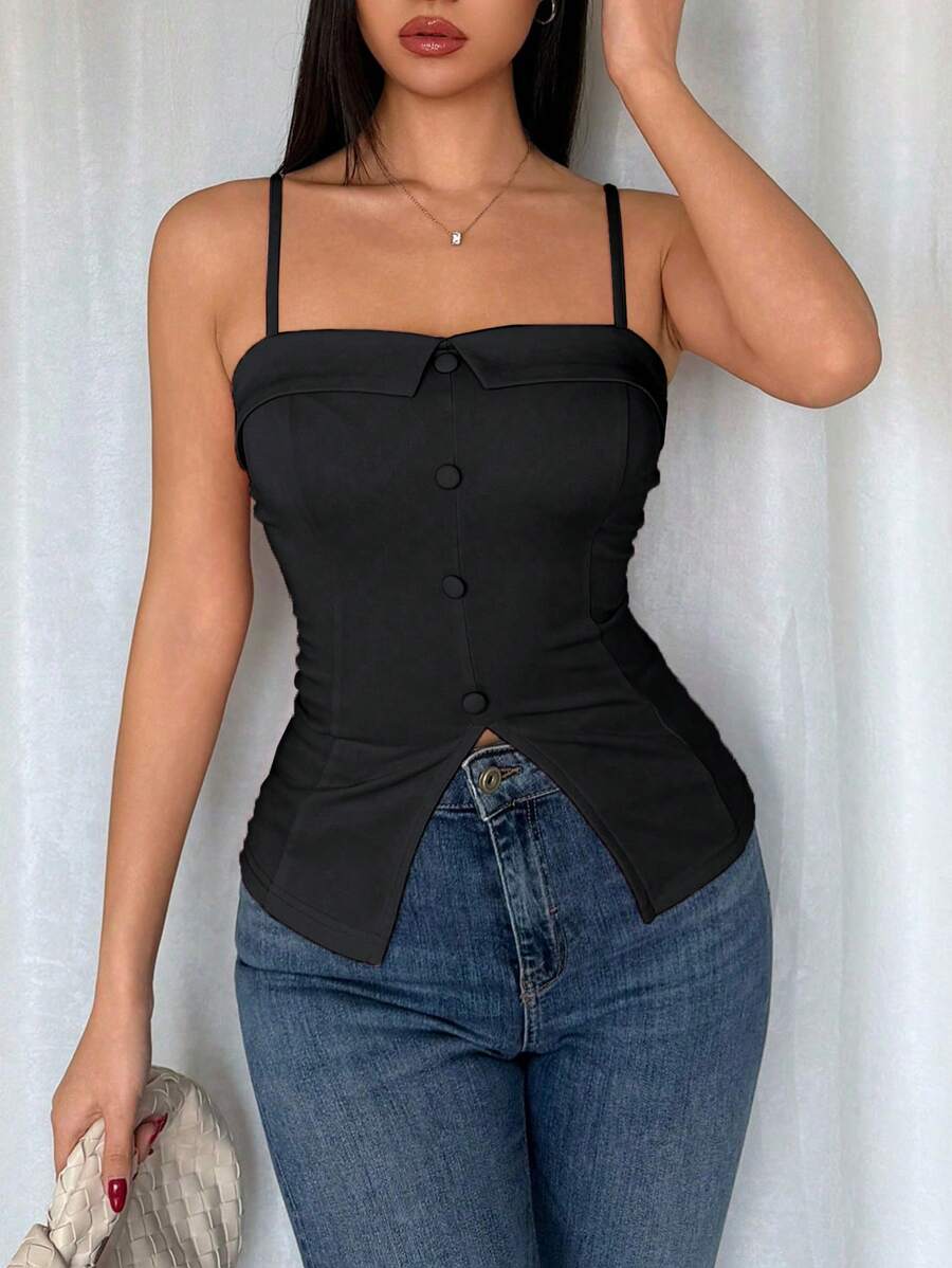 Rafferiza Áo hai dây đính ngọc trai quyến rũ hình chữ S thời trang đa năng, gợi cảm và thanh lịch dành cho phụ nữ, mùa xuân/hè - màu đen - Xem 1