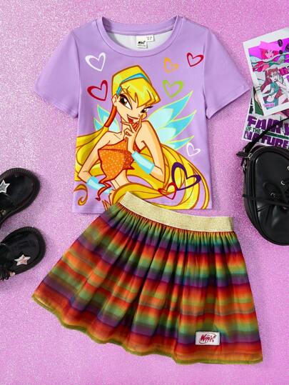 The Winx X SHEIN Young Girl Cartoon Magic Fairy Princess & Heart Print Purple Short Sleeve T-Shirt + Rainbow Mesh Puff Skirt Sweet Casual 2-Piece Set