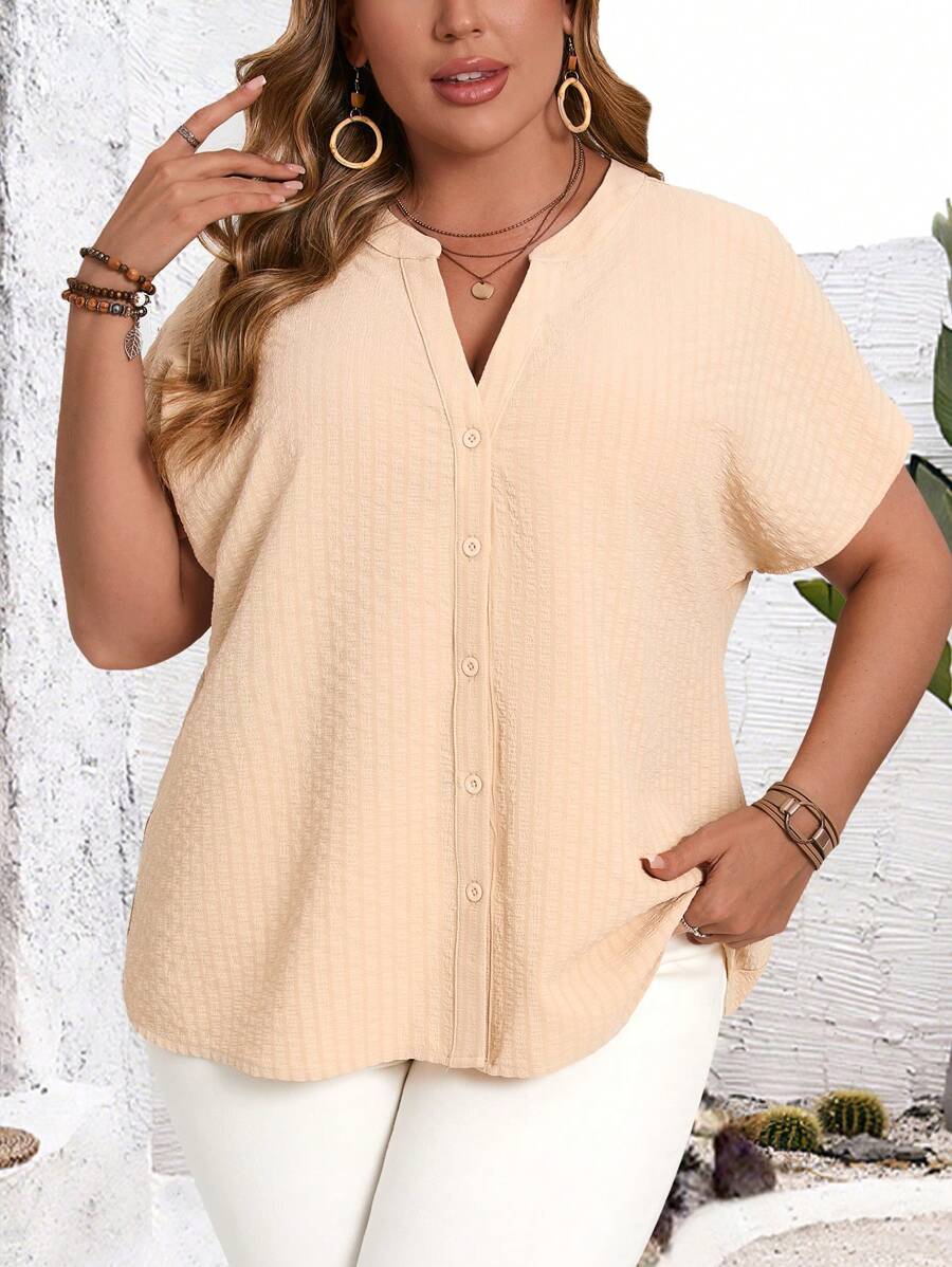 EMERY ROSE Plus Size Vacation Casual Solid Color Notch Neck Shirt - Khaki - View 1