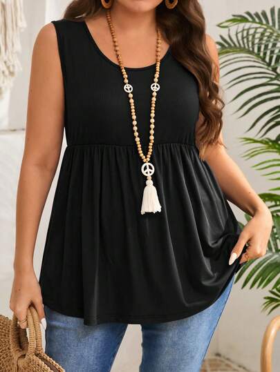 EMERY ROSE Plus Size Women Navy Blue Sleeveless Solid Color Round Neck Minimalist Fashion Tank Top, Suitable For Summer