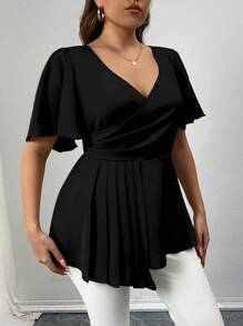 SHEIN Unity 大码纯色短袖 V 领衬衫，简约时尚，适合夏季 - 黑色 - 查看 4